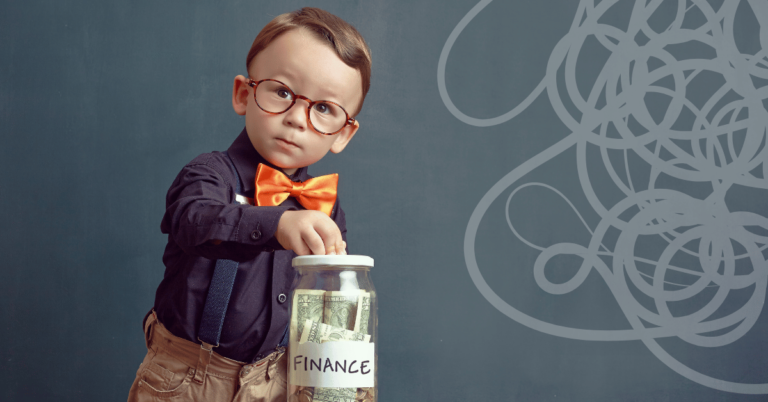 The psychology of money. Small child puts money in a jar.