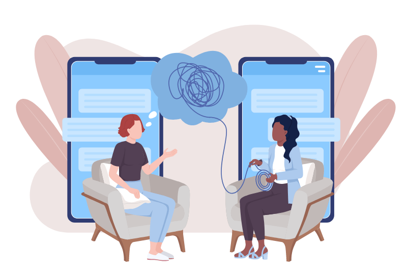 An illustration of an online therapy session where a therapist and a patient are connected through digital devices, symbolizing the modern approach to mental health support through online therapy and virtual counseling.